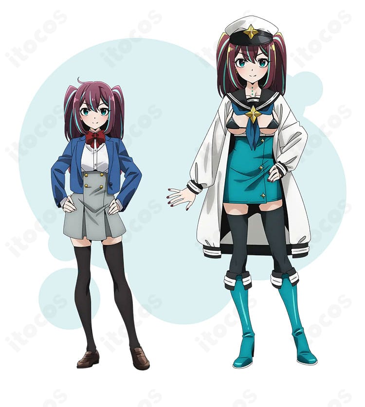 阿古屋真珠の制服コスプレ衣装全身。赤いリボンとジャケット、ミニスカートを含む再現度の高い一式。