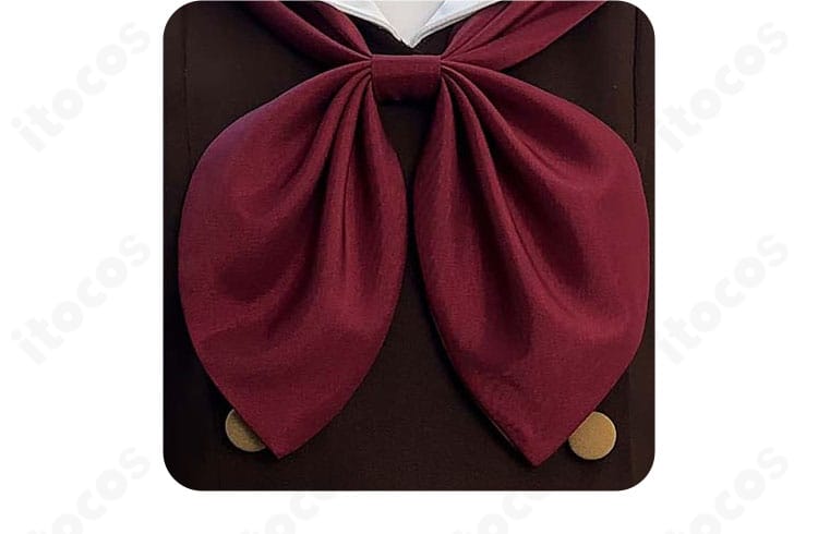 スカーフ（リボン）装飾の拡大。結び目のボリュームと刺繍風意匠、固定しやすい構造を示す画像。