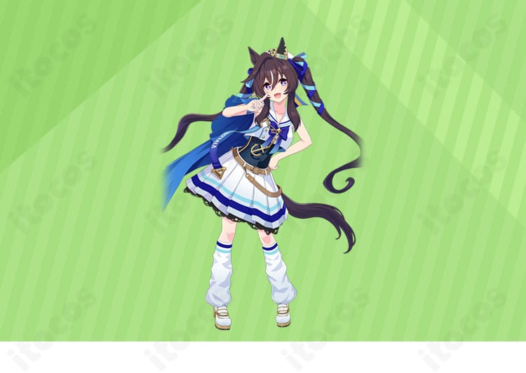 ウマ娘 プリティーダービー ヴィブロスの勝負服コスプレ全身。キャラクターの特徴を忠実に再現したシャープなシルエット。