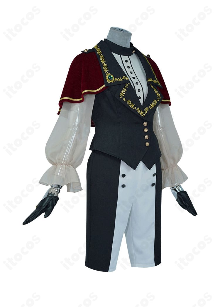 衣装側面の詳細。コートのライン取りと半ズボンのバランス、装飾位置が分かる角度。