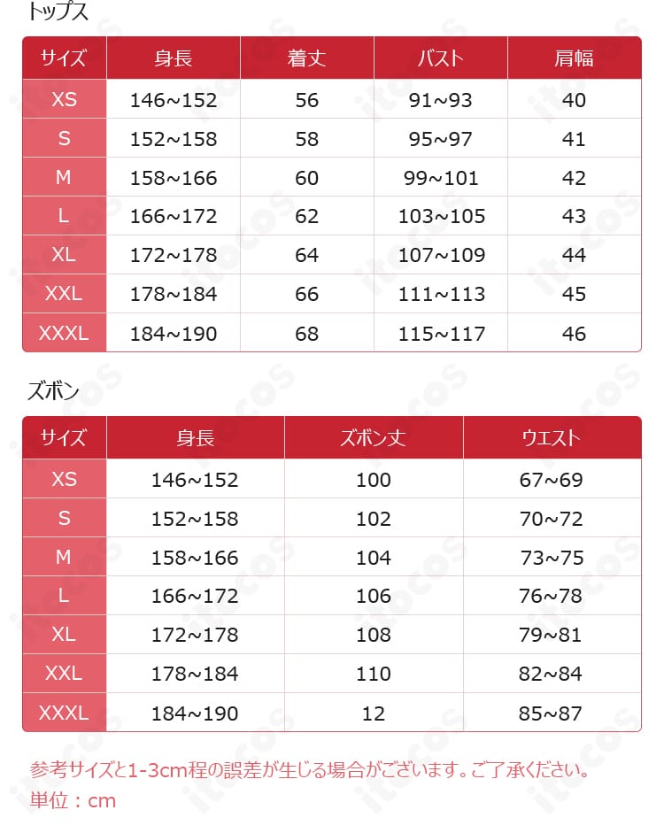 究極メカ丸 コスプレ衣装のサイズ表。XS〜XXXLまでの各寸法を一覧で示したガイド。