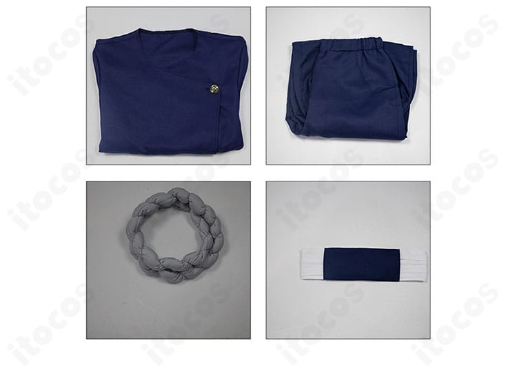 究極メカ丸 コスプレ衣装のセット内容一式。トップス、ズボン、首飾り、コルセットベルトの4点が並んだ構成。