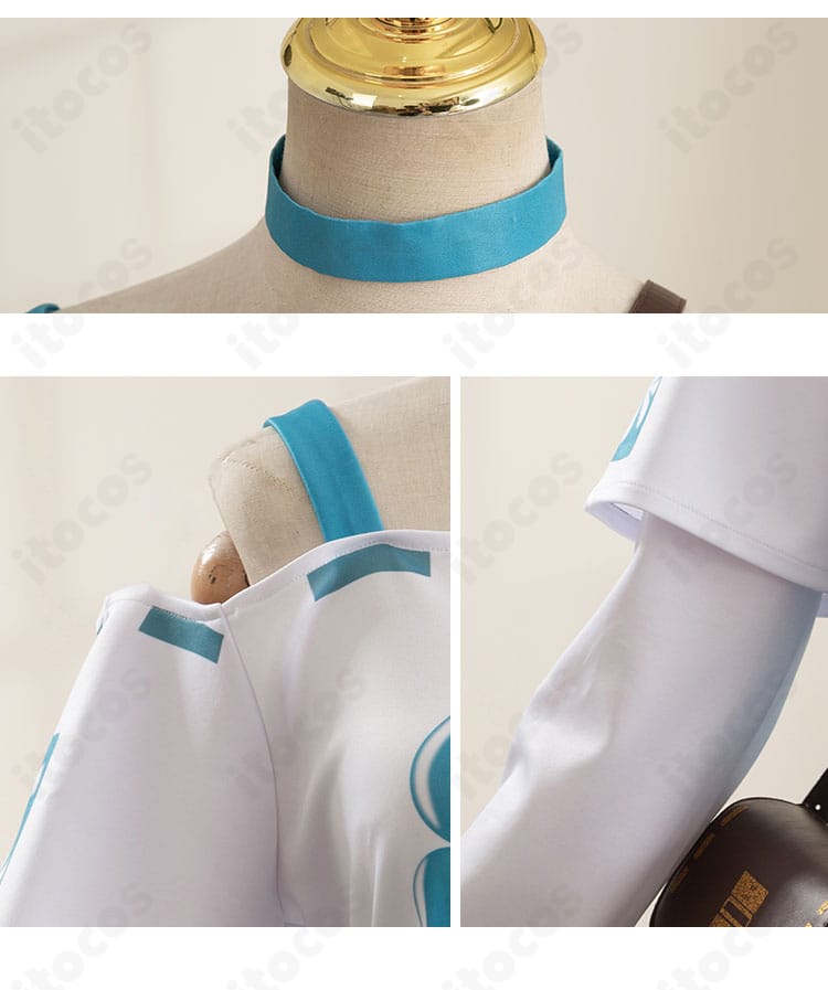 ネックと肩袖の装飾クローズアップ。刺繍風ディテールと配色の質感を強調。