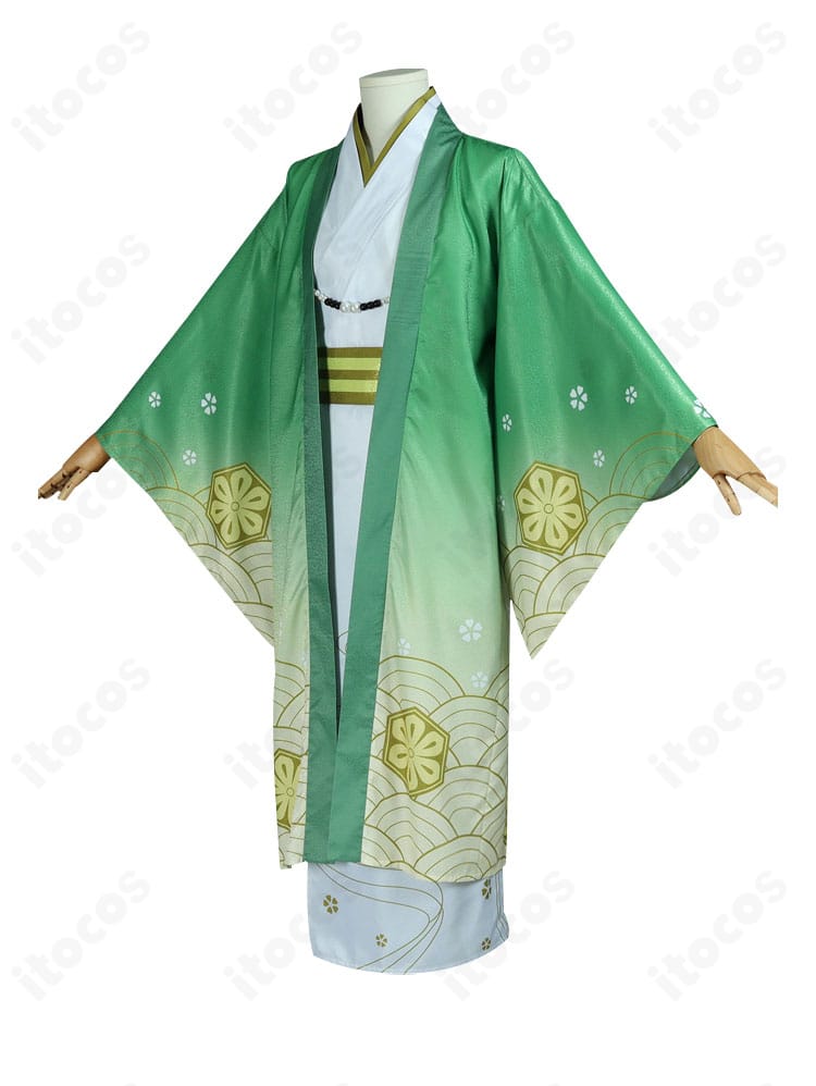 中島敦 正月衣装コスの側面シルエット。袖の広がりと腰封のレイヤードによる立体感を示す画像。