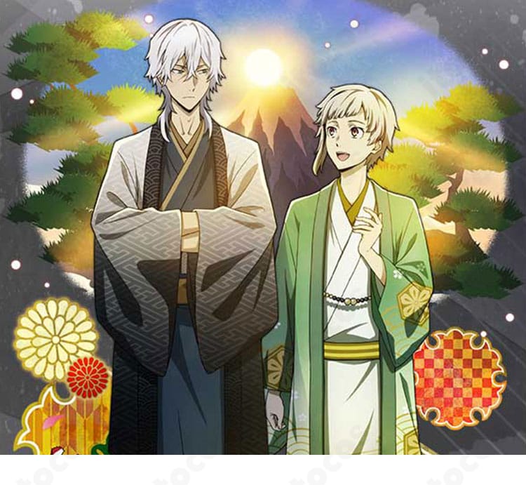 文豪ストレイドッグス 中島敦 初詣スカウト正月衣装の全身コスプレ。和装シルエットと装飾をトータルで確認できる画像。