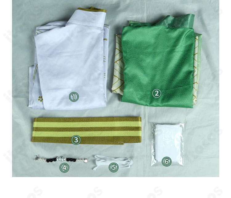 セット内容一式のレイアウト画像。上着・内搭・腰封・装飾パーツで統一感ある中島敦 正月衣装コス。