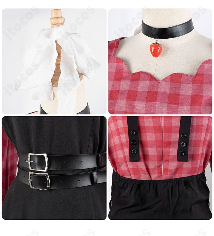 朝比奈まふゆ 衣装の襟元いちご風アクセ、ウエストベルト、装飾の近景。細部の質感と配色を表現。