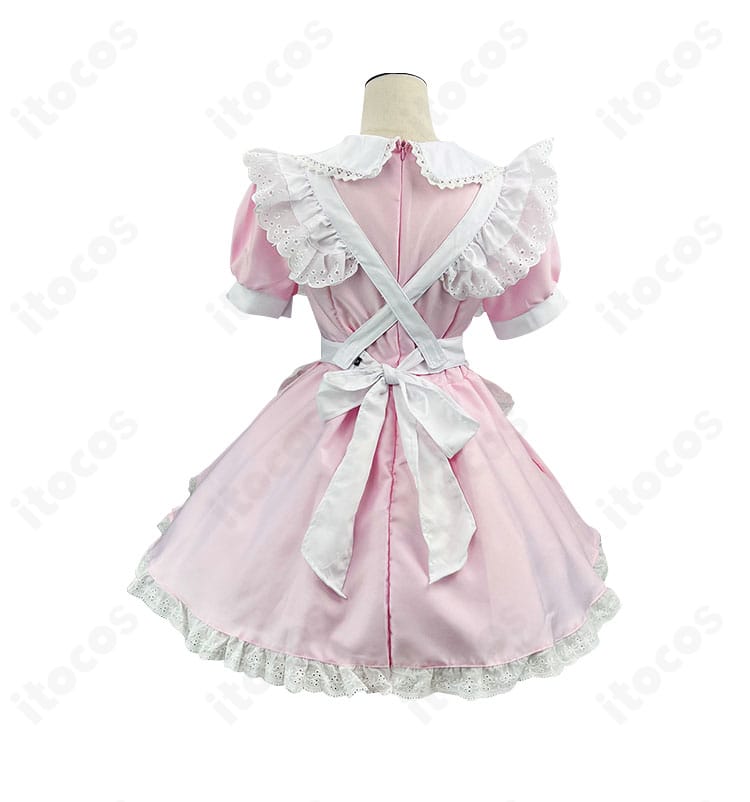 鹿目まどか メイド服コスプレ衣装の背面写真。背中の開閉ディテールとエプロンリボンの結びが確認できる。