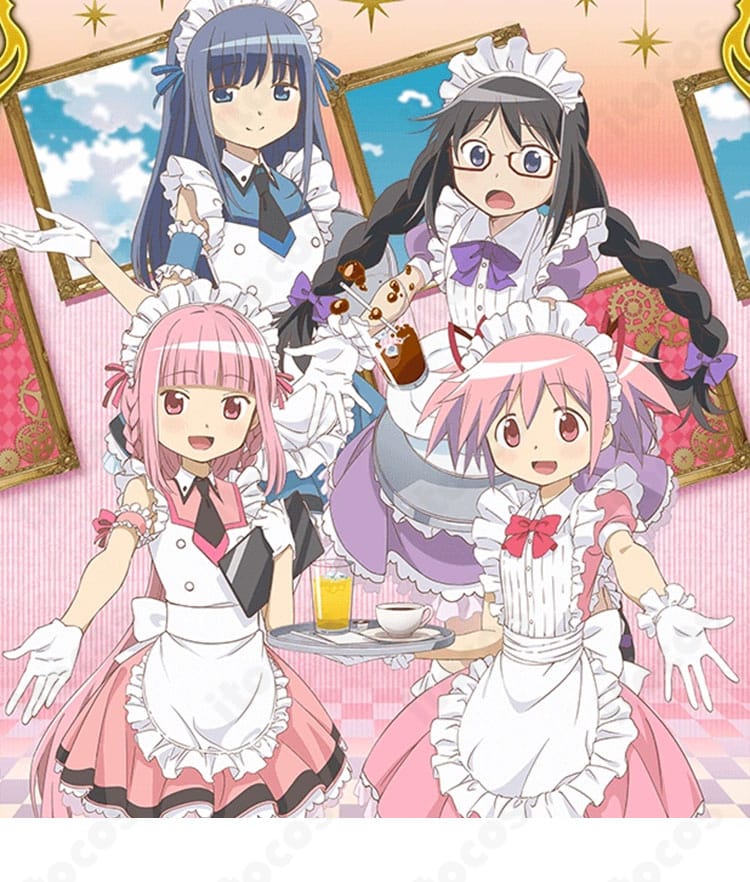 マギアレコード 鹿目まどか セガコラボカフェ版メイド服の全身キャラクター画像。フリル襟とエプロンの意匠を忠実再現。