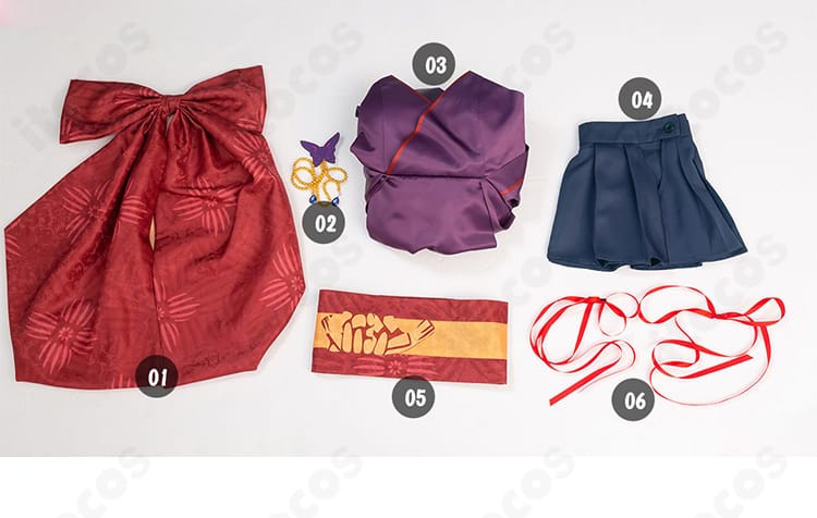 ムラサメコスプレ衣装のセット内容。ワンピース、スカート、コルセットベルト、髪飾り、背部蝶結びを並べた一覧画像。