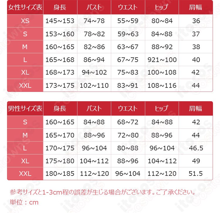 セレナ ステージ衣装のサイズガイド。S・M・Lの寸法対応図を示す説明画像。