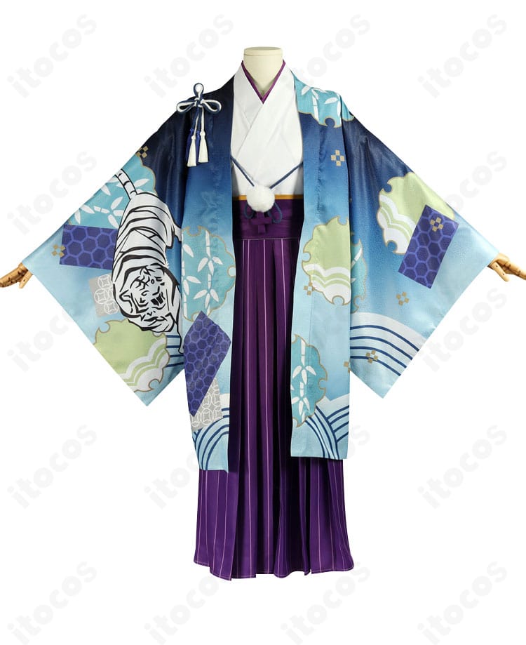 文豪ストレイドッグス 中島敦 寅月ver. コスプレ衣装の正面全体。襟元から帯風パーツまでの配色とシルエットが分かる画像。