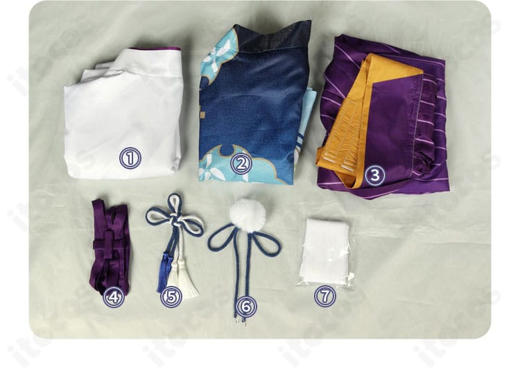 文豪ストレイドッグス 中島敦 寅月ver. コスプレ衣装のセット全体画像。インナー、アウター、帯風パーツ、装飾の配置が分かる構成。