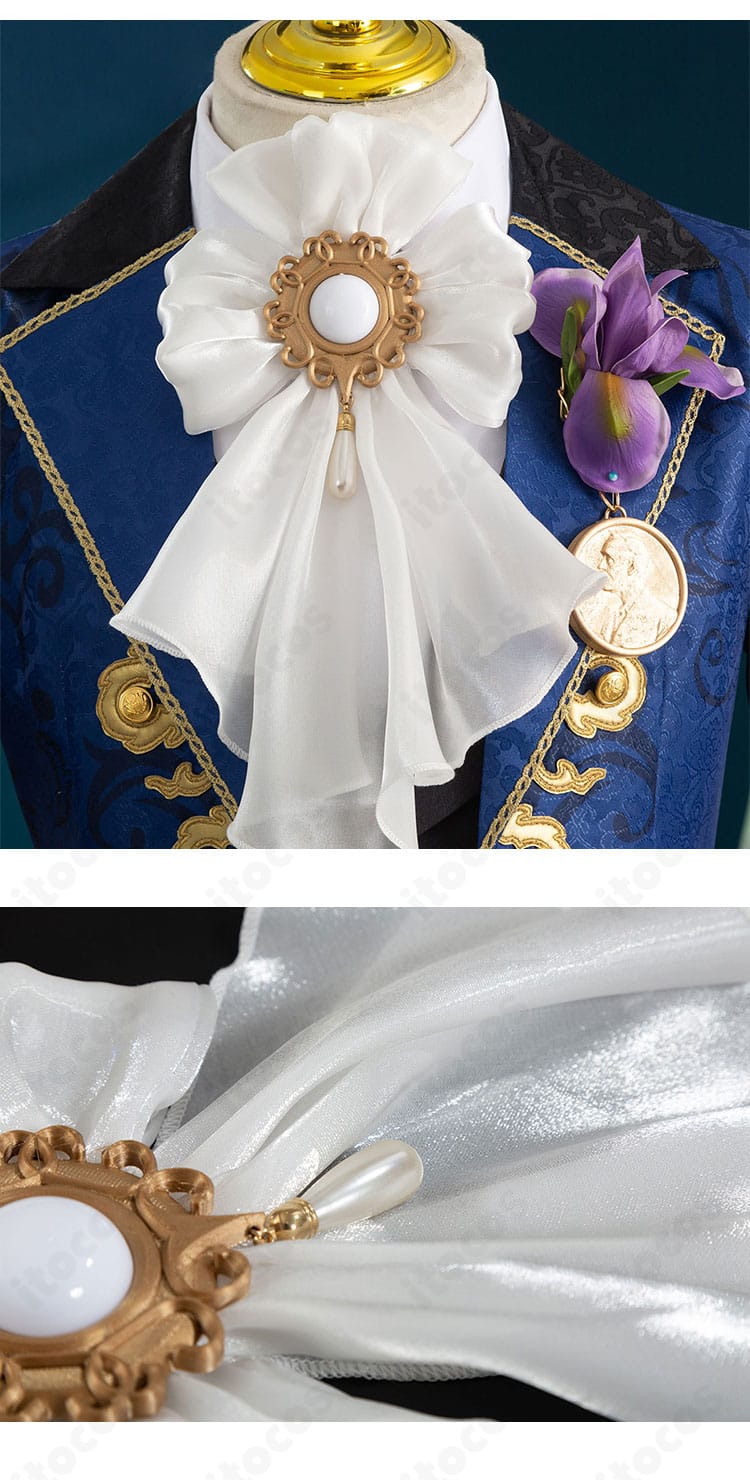 第五人格 隠者（アルヴァ・ロレンツ）コスプレ衣装 襟元装飾のアップ。刺繍と装飾金具の質感