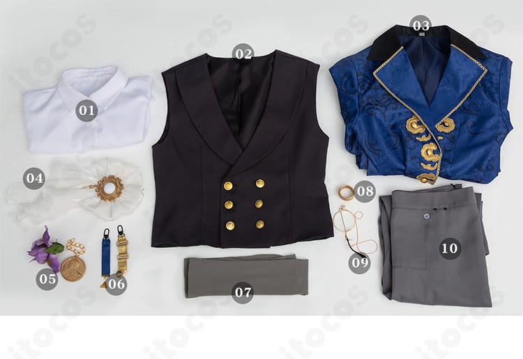 第五人格 隠者（アルヴァ・ロレンツ）コスプレ衣装 セット内容一覧。衣装と小物が並んだ全体画像