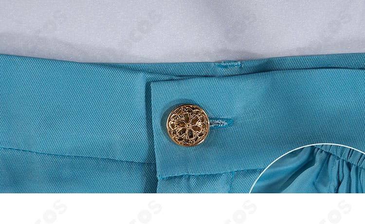 パンツのウエスト装飾アップ：前帯・留め部分の意匠と縫製を確認できる画像