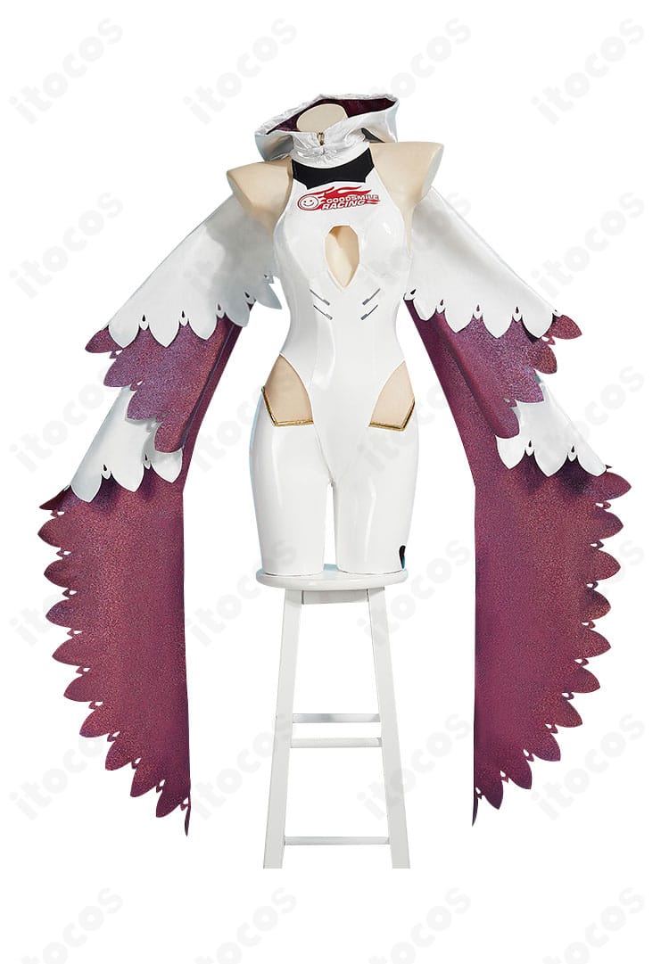 初音ミク レーシングミク 2024Ver. コスプレ衣装の正面全身。ジャンプスーツのラインとフロント装飾がわかる。