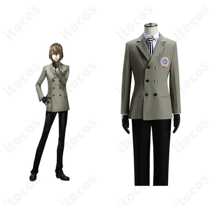 ペルソナ5 明智吾郎の制服コスプレ衣装。キャラクター立ち姿と並んだ正面全身で、高再現のシルエットと色調を確認できる画像。