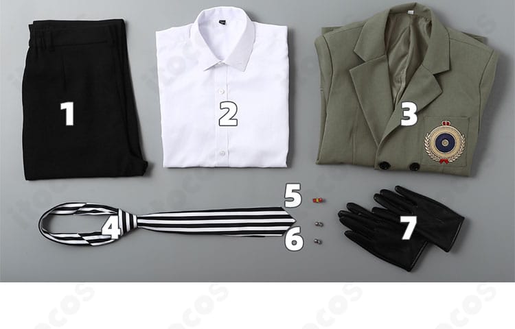 セット内容一式の平置き画像。コート、シャツ、ズボン、ネクタイ、襟飾り、手袋が揃ったことを示す構成。