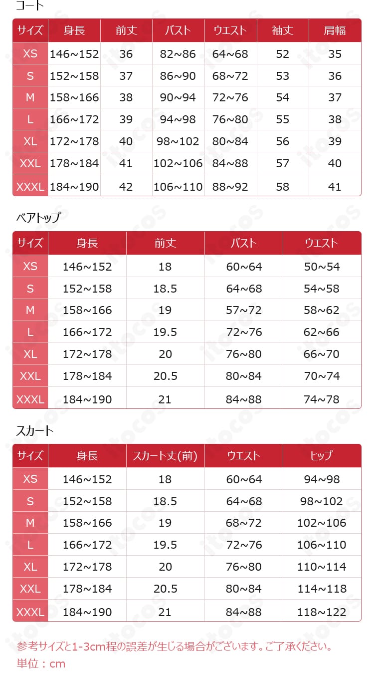 ゾーイ衣装のサイズ表画像。XS〜XXXLまでの寸法情報を一覧で表示。