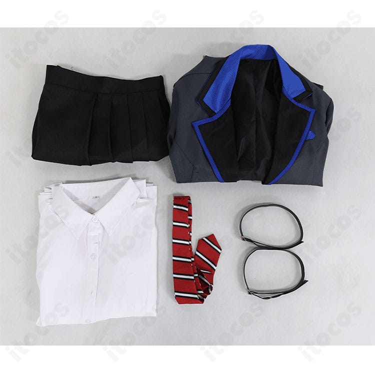 星乃一歌ユニット衣装のセット内容。コート・スカート・シャツ・太ももベルト・ネクタイの5点構成を並べた画像。
