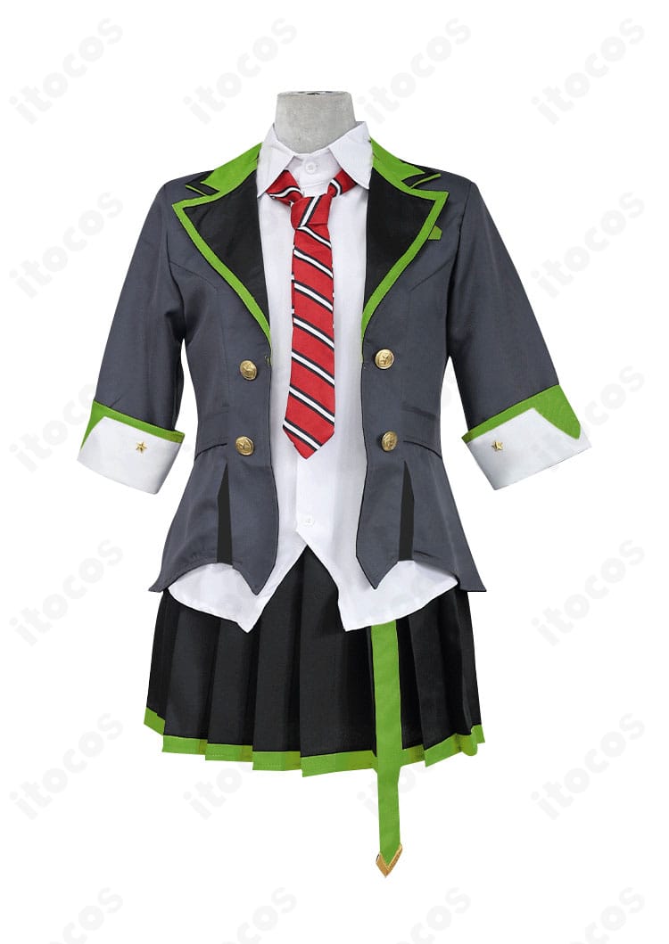 プロジェクトセカイ 日野森志歩 コスプレ衣装の正面。コート・シャツ・ネクタイの配色とラインがわかるLeo/need制服。
