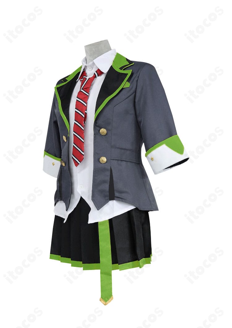 プロジェクトセカイ 日野森志歩 コスプレ衣装の側面。コートのシルエットとスカートプリーツの形状を確認できるLeo/need制服。