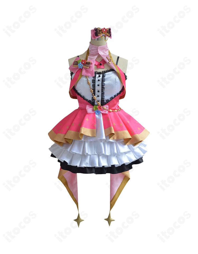 島村卯月 コスプレ衣装 正面全身。上着とワンピースのシルエット、胸飾り・髪飾りのディテールが分かる高再現デザイン。