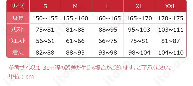 黒猫（五更瑠璃）ゴスロリ衣装 サイズ表と対応寸法の案内画像。S〜XXLの測定基準を明示。