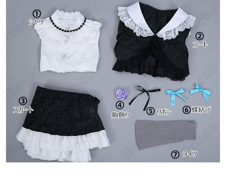 黒猫（五更瑠璃）ゴスロリ衣装 セット内容の平置き展示。各パーツが一目で分かる構成。