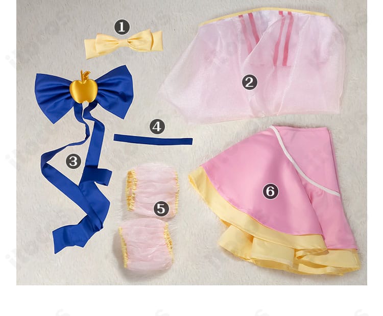 セット内容一覧。トップス、スカート、髪飾り、胸元蝶結び、チョーカー、袖を並べた確認用画像。