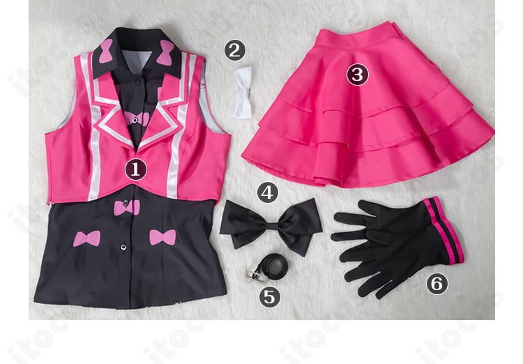 春音あいら ユニット衣装コスプレのセット内容展示。トップス、スカート、髪飾り、蝶結び、ベルト、手袋の6点。