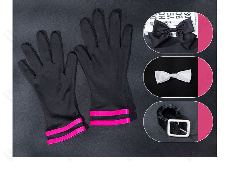 春音あいら コスプレ衣装の蝶結び・手袋・ベルトを含むアクセサリー一式。コーデのアクセントになる小物構成。