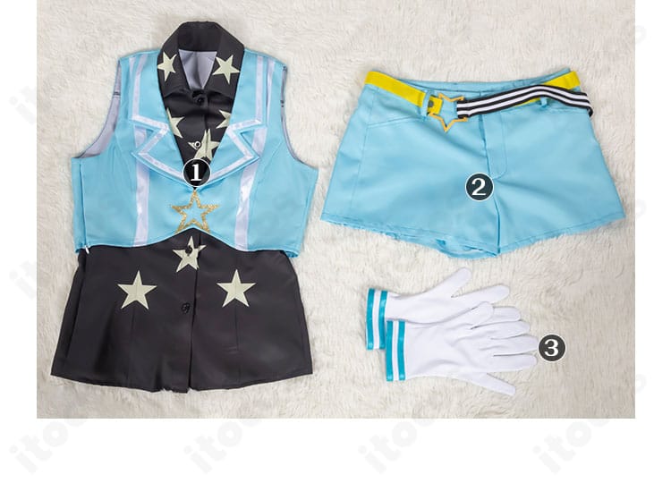 天宮りずむ ユニット衣装コスプレのセット内容一式。トップス・ショートパンツ・手袋の3点が一目で分かる配置。