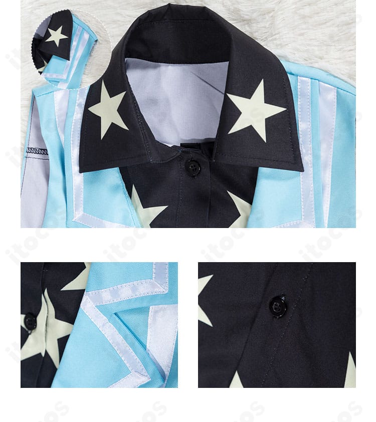 天宮りずむ ユニット衣装の襟・衣領装飾ディテール。ステージ映えする装飾の形状と素材感をクローズアップ。