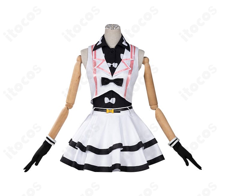 高峰みおん ユニット衣装の正面カット。トップスの装飾やリボン、ベルト位置までディテールを丁寧に表現。