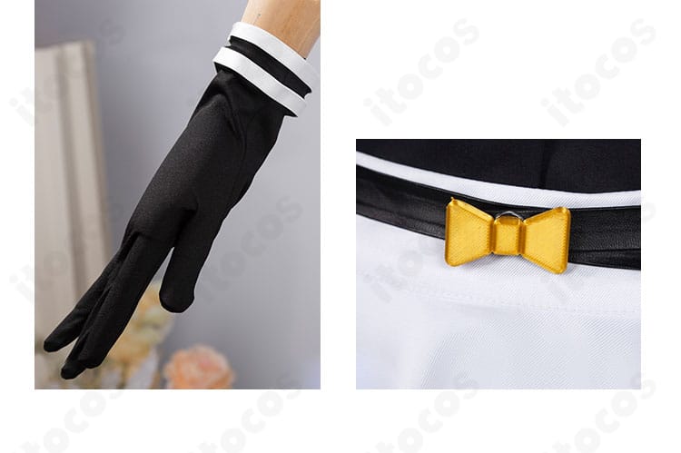 ベルトと手袋のアップ。アクセサリーの質感とコーデの統一感が伝わるディテール。