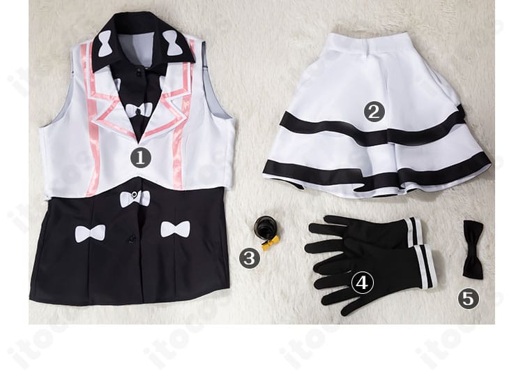 セット内容の一覧画像。トップス・スカート・ベルト・蝶結び・手袋がそろった一式セット。