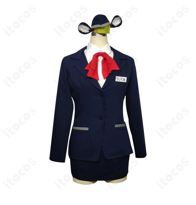 春日ツバキ コスプレ衣装の正面全身。コート・シャツ・スカートのラインと配色、スカーフ位置まで整った高再現デザイン。