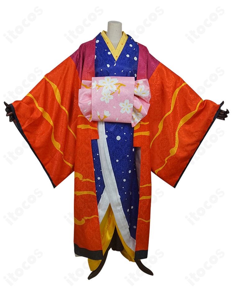 鯉夏花魁 コスプレ衣装の正面全体。衿元の重なりと帯のボリューム、艶やかな配色が分かるフロントビュー。