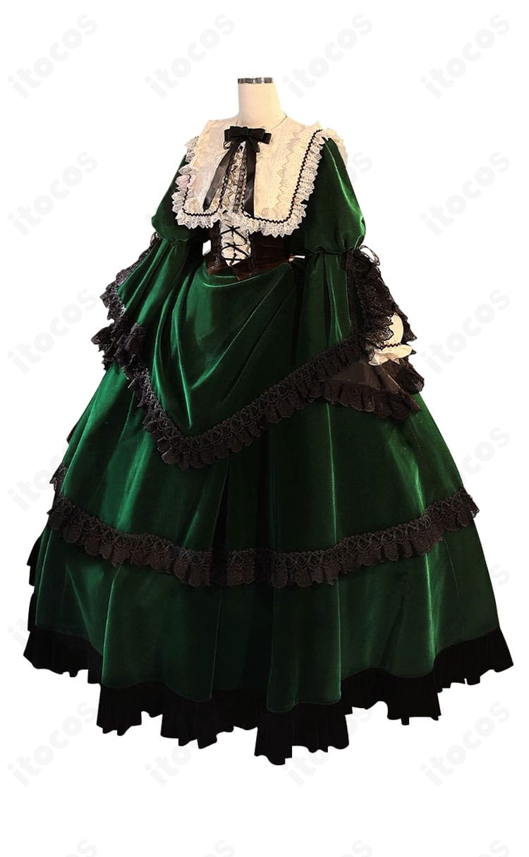 翠星石 コスプレ衣装の正面全体像。Aラインのシルエットと前面リボン、レース縁取りのディテールが分かる写真