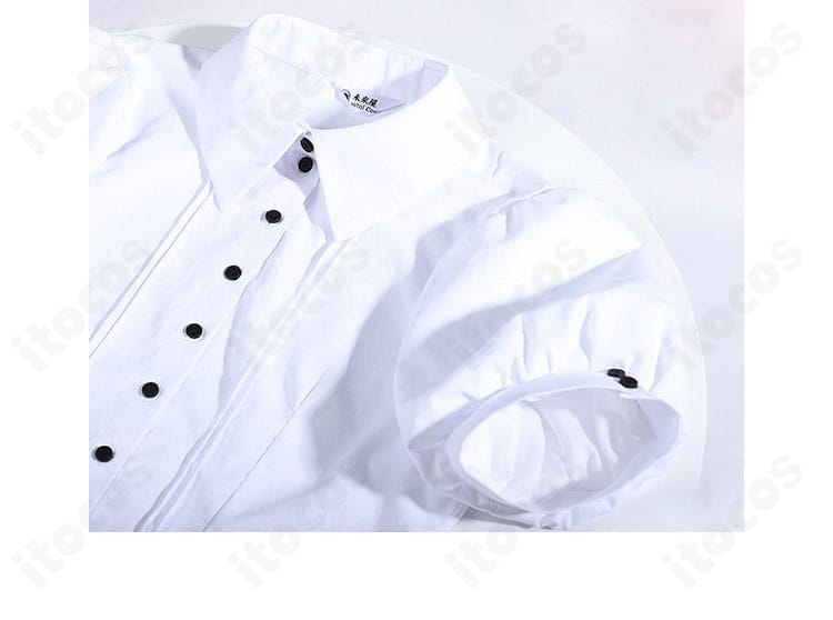 髏々宮カルタ コスプレ衣装のシャツ部分ディテール。襟の形状や生地の質感、ネクタイ取り付け位置が分かります。