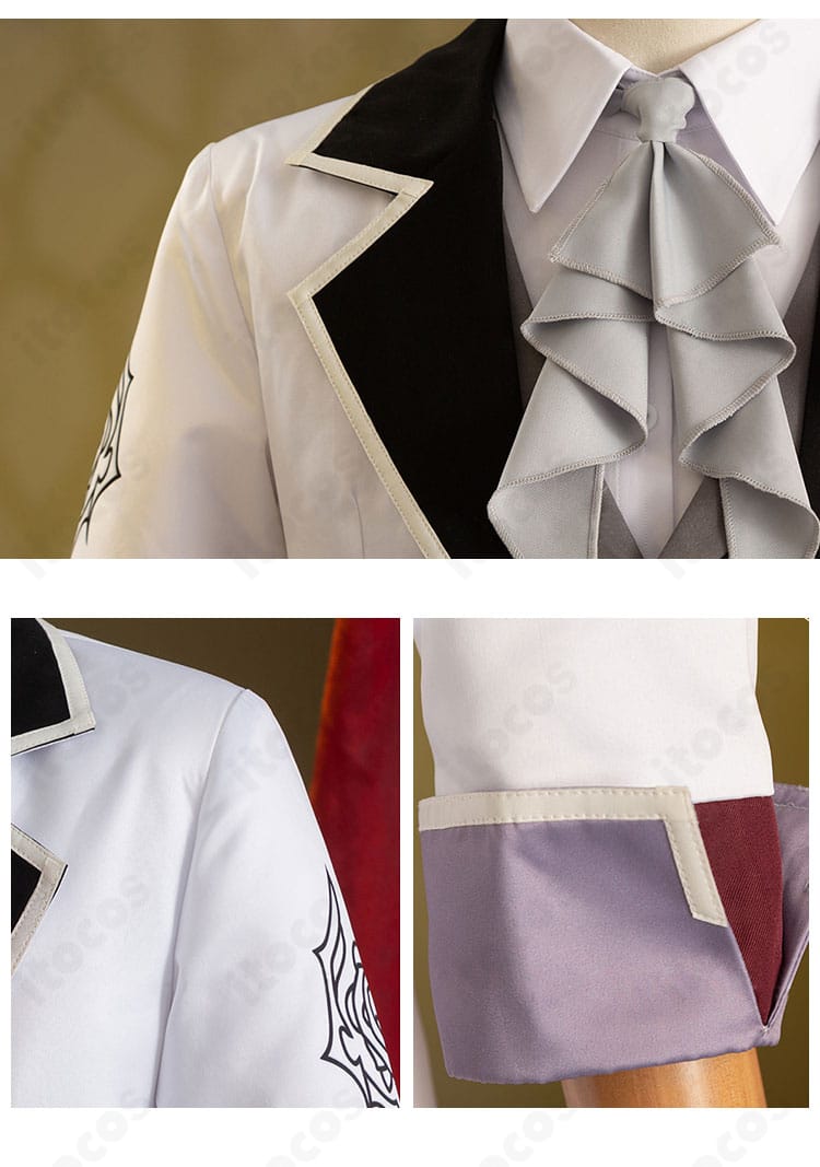 襟元と肩・袖の装飾アップ。スカーフ結びと肩口のライン装飾を強調。