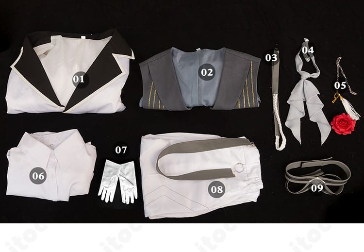 アルジェンティ衣装のセット内容一覧を並べた画像。各パーツの構成が一目で分かる。