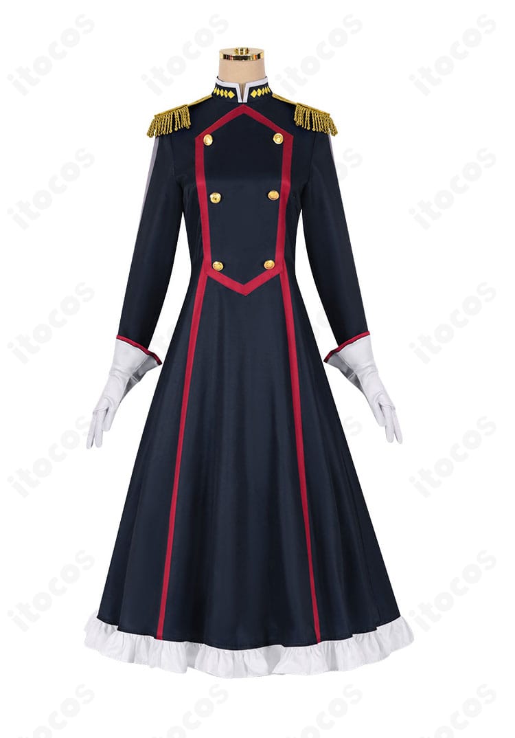 大川村寧コスプレ衣装の正面全体像。上品なワンピースシルエットと統一感あるデザインを確認できる写真。