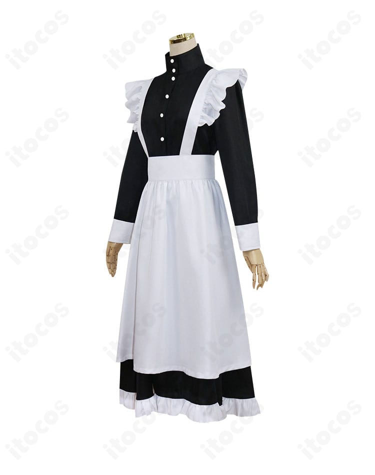 大川村寧 メイド衣装 側面。ウエストラインと袖口ディテール、エプロンの縁取りが見えるアングル