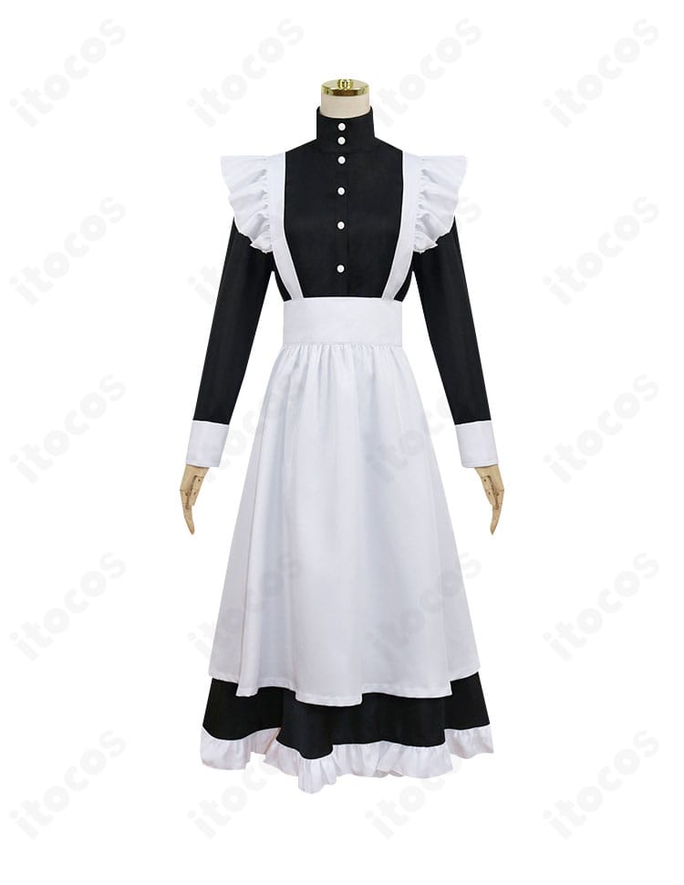 魔都精兵のスレイブ 大川村寧 メイド風コスプレ 正面全身。ワンピースとエプロンの高再現シルエットが分かる画像