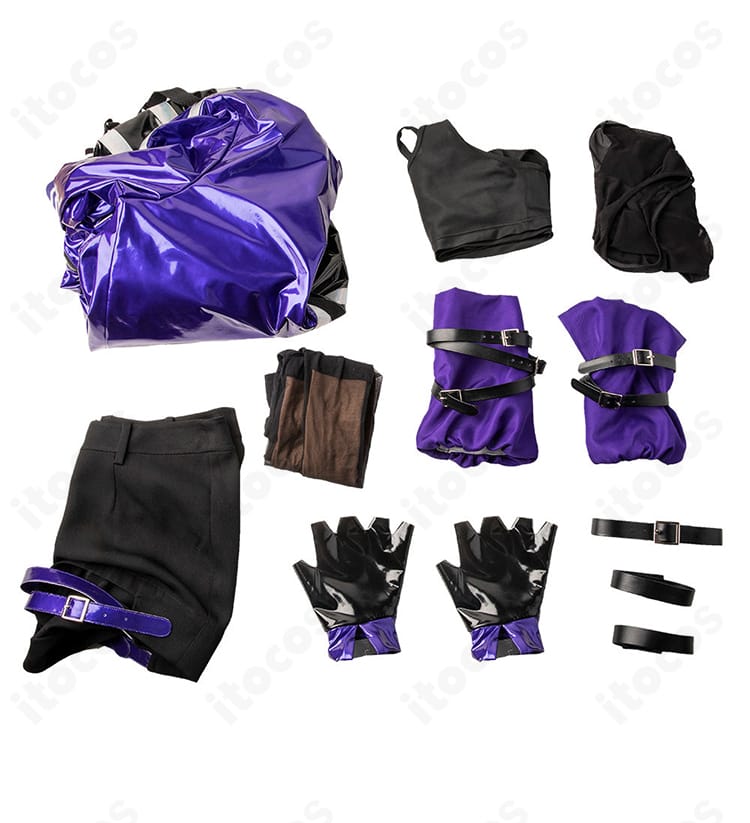 鉄拳8 レイナ コスプレ衣装 セット一式。コート、インナー、ショートパンツ、手袋、腕ベルト、チョーカー、靴下、足首飾りの内容一覧。