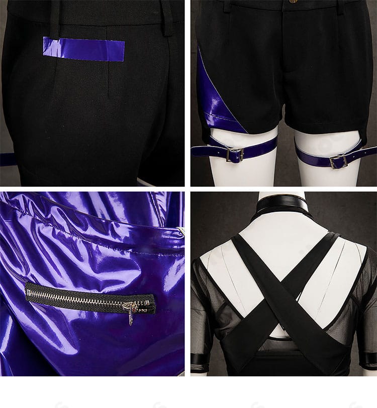 鉄拳8 レイナ コスプレ衣装の上着とショートパンツ周辺。腰ベルト・脚部装飾のバランスが分かるディテール。