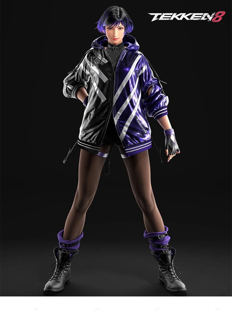 鉄拳8 レイナのコスプレ衣装イメージ。黒×紫の配色とフード付きコートの全体デザインが分かるキャラクター参照画像。